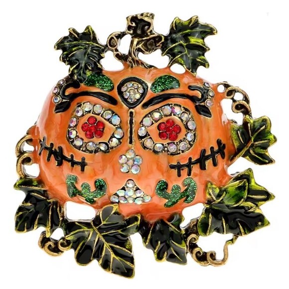 Gothic Pumpkin Brooch Rhinestone & Enamel Jack o Lantern - Picture 1 of 5